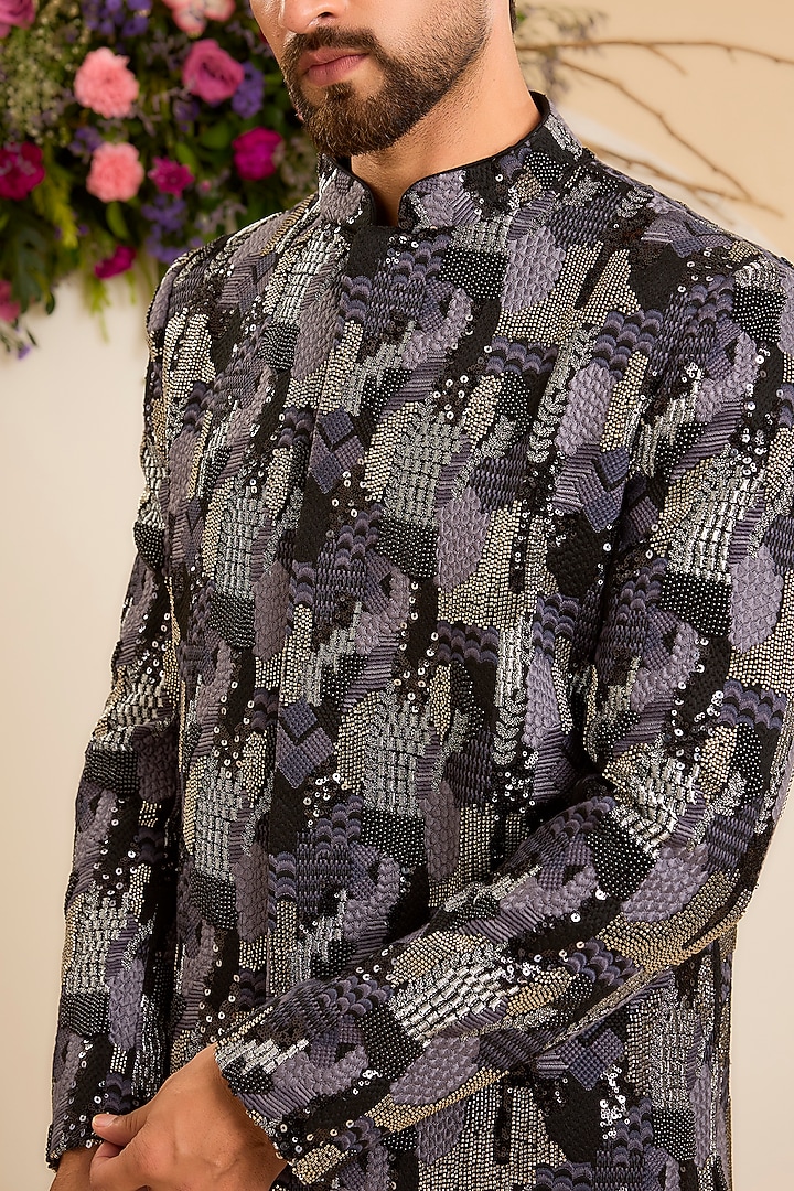 Grey Silk Sequins Embroidered Wedding Sherwani by Kasbah Clothing at Pernia's Pop Up Shop