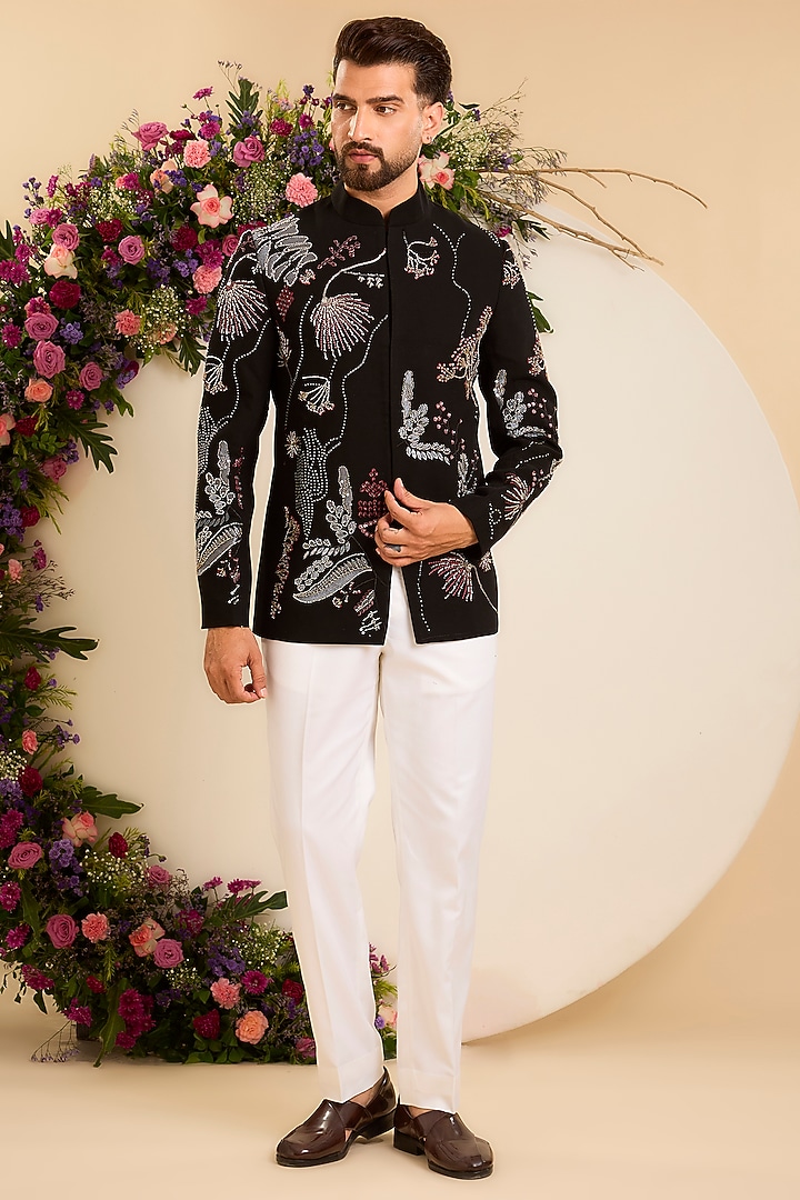Black Japanese Thread Hand Embroidered Wedding Bandhgala by Kasbah Clothing at Pernia's Pop Up Shop