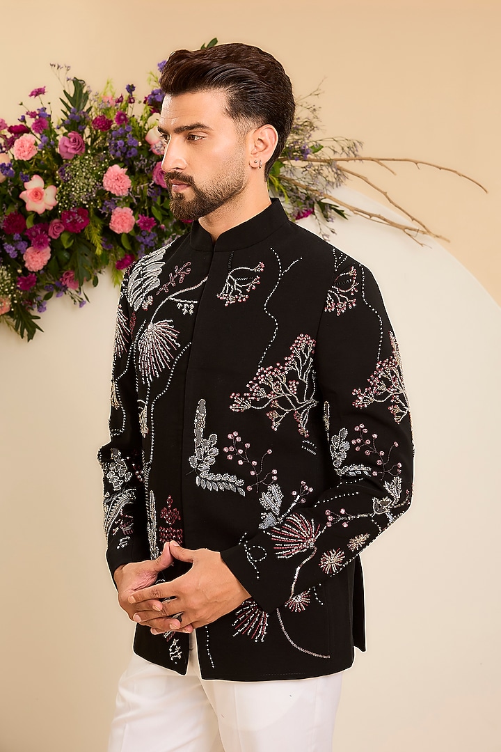 Black Japanese Thread Hand Embroidered Wedding Bandhgala by Kasbah Clothing at Pernia's Pop Up Shop
