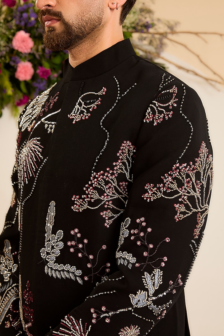 Black Japanese Thread Hand Embroidered Wedding Bandhgala by Kasbah Clothing at Pernia's Pop Up Shop