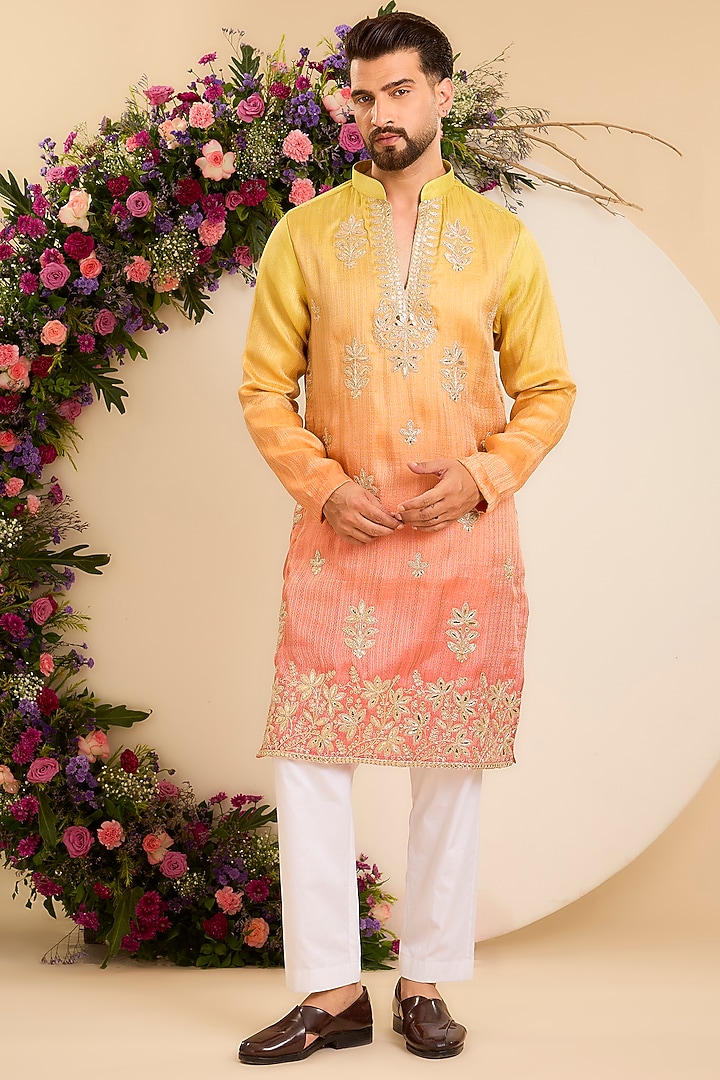 Yellow & Orange Silk Ombre Textured Kurta by Kasbah Clothing at Pernia's Pop Up Shop