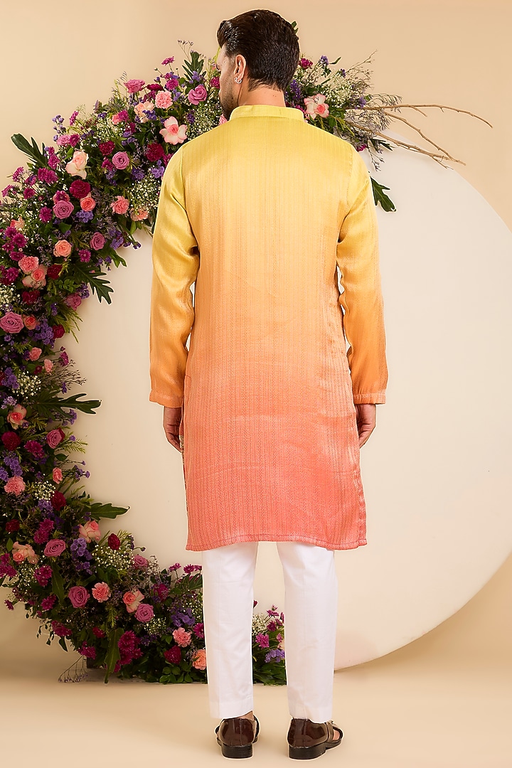 Yellow & Orange Silk Ombre Textured Kurta by Kasbah Clothing at Pernia's Pop Up Shop