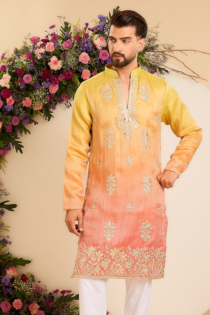 Yellow & Orange Silk Ombre Textured Kurta by Kasbah Clothing at Pernia's Pop Up Shop