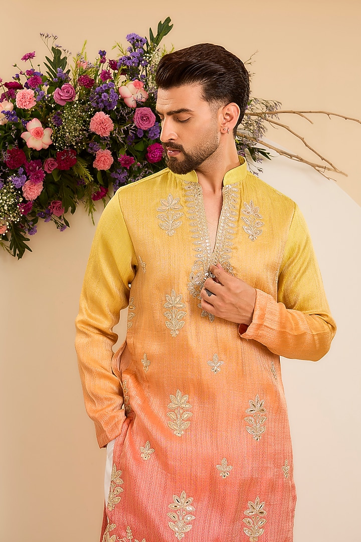 Yellow & Orange Silk Ombre Textured Kurta by Kasbah Clothing at Pernia's Pop Up Shop