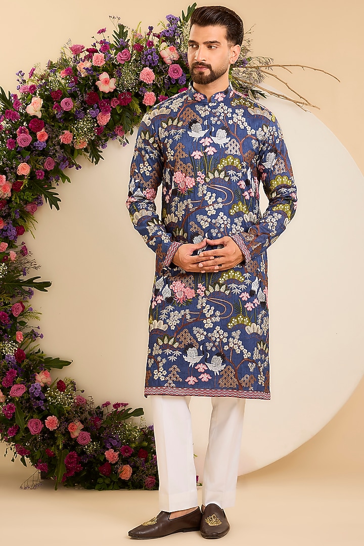 Blue Silk Floral Embroidered Kurta by Kasbah Clothing at Pernia's Pop Up Shop