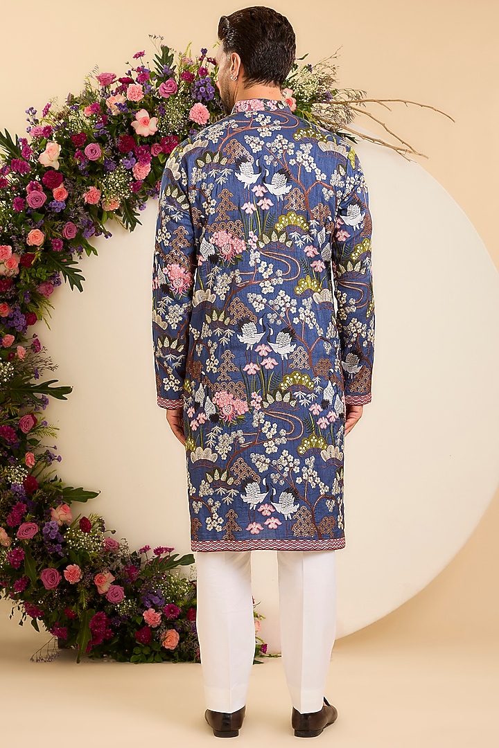 Blue Silk Floral Embroidered Kurta by Kasbah Clothing at Pernia's Pop Up Shop