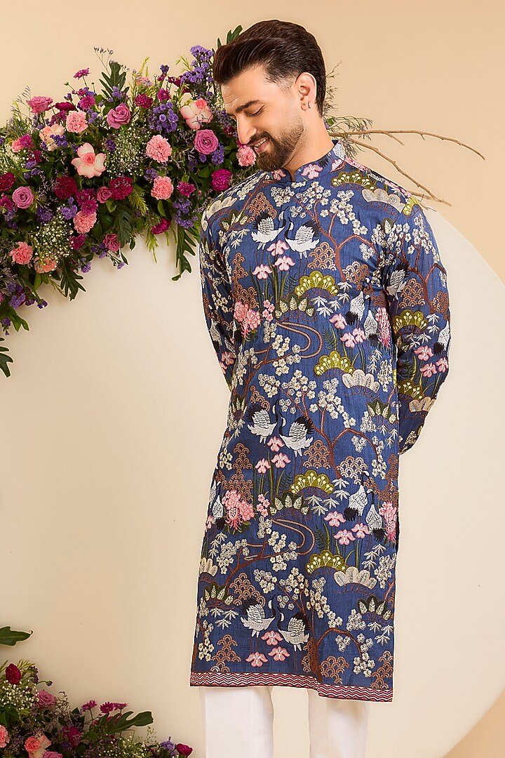 Blue Silk Floral Embroidered Kurta by Kasbah Clothing at Pernia's Pop Up Shop