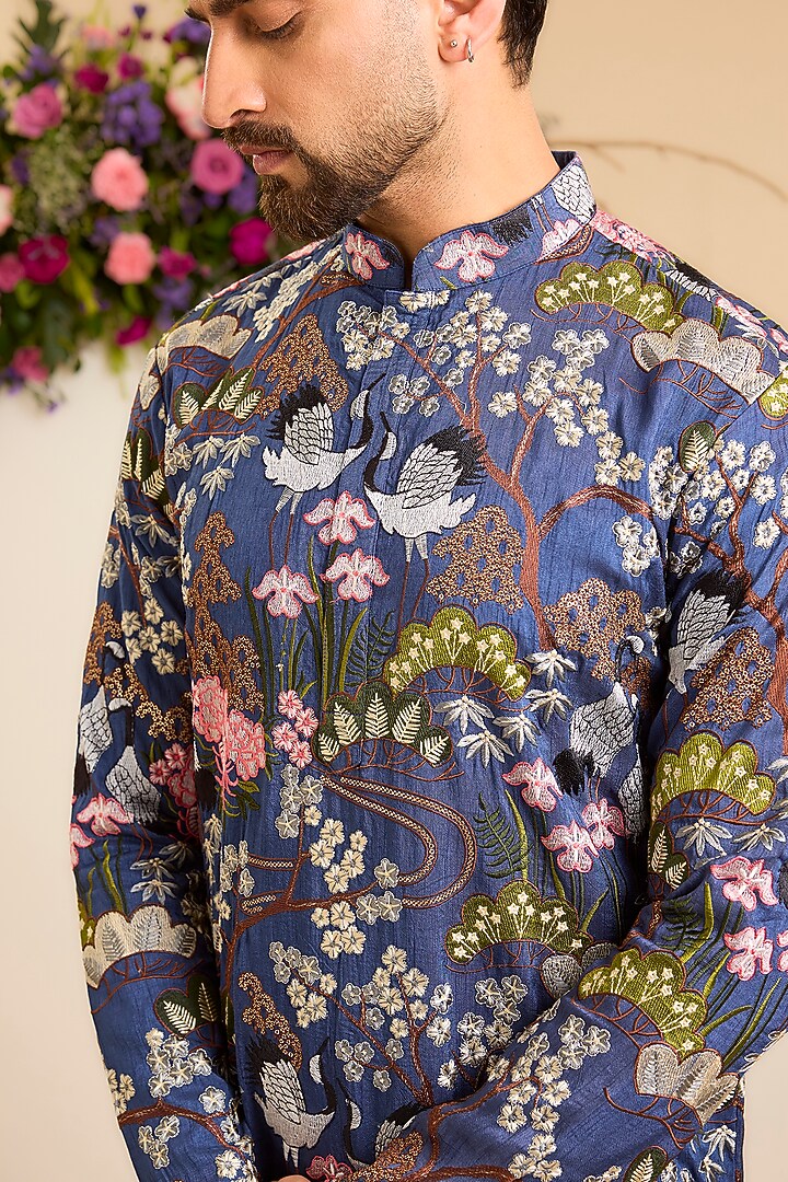 Blue Silk Floral Embroidered Kurta by Kasbah Clothing at Pernia's Pop Up Shop