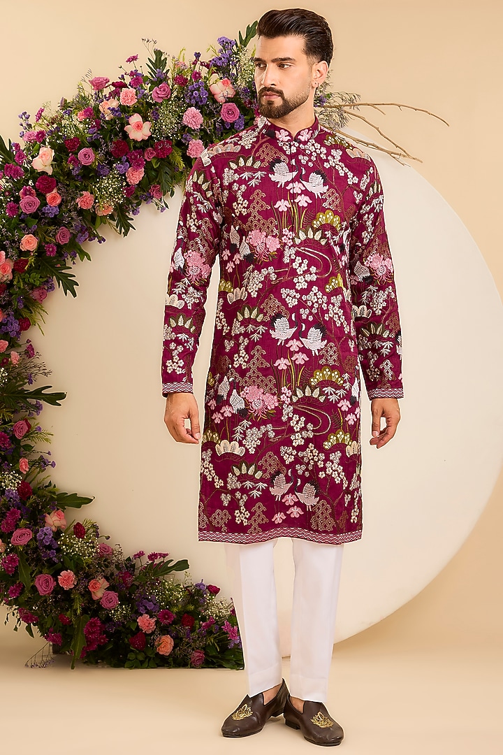Maroon Silk Floral Embroidered Kurta by Kasbah Clothing at Pernia's Pop Up Shop