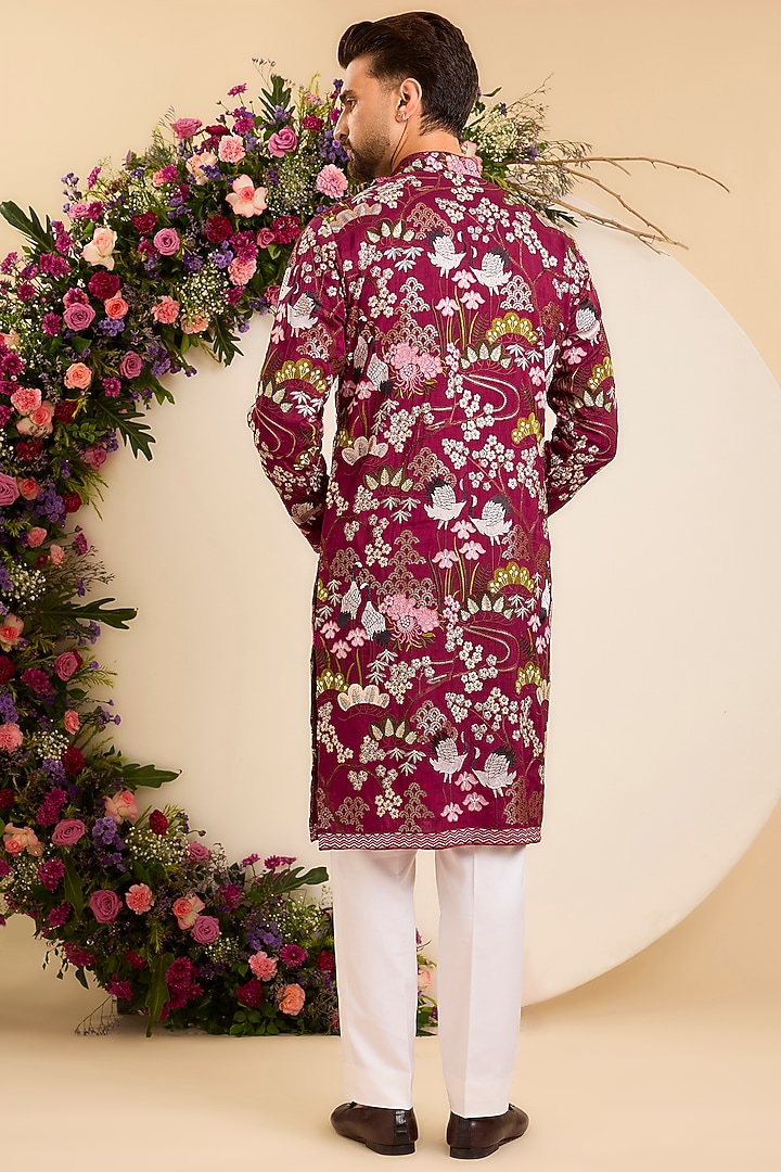 Maroon Silk Floral Embroidered Kurta by Kasbah Clothing at Pernia's Pop Up Shop