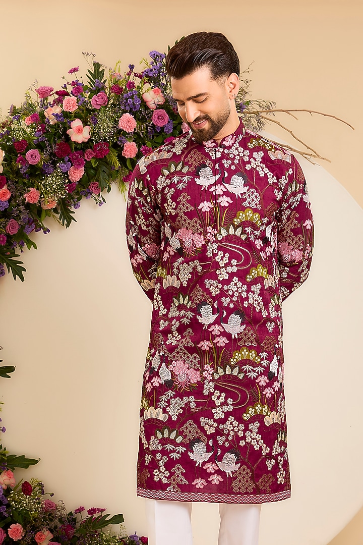 Maroon Silk Floral Embroidered Kurta by Kasbah Clothing at Pernia's Pop Up Shop