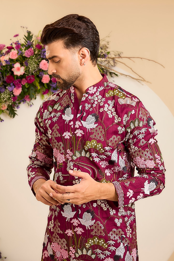 Maroon Silk Floral Embroidered Kurta by Kasbah Clothing at Pernia's Pop Up Shop
