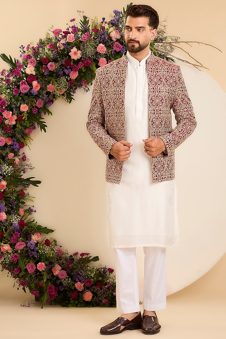 Deep Maroon Chanderi Sequins Embroidered Wedding Bandhgala by Kasbah Clothing at Pernia's Pop Up Shop