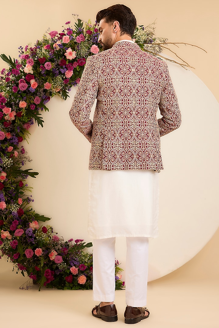 Deep Maroon Chanderi Sequins Embroidered Wedding Bandhgala by Kasbah Clothing at Pernia's Pop Up Shop