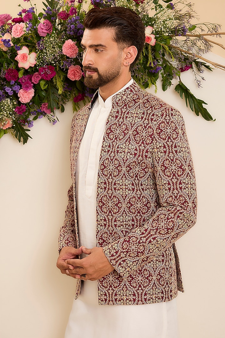 Deep Maroon Chanderi Sequins Embroidered Wedding Bandhgala by Kasbah Clothing at Pernia's Pop Up Shop