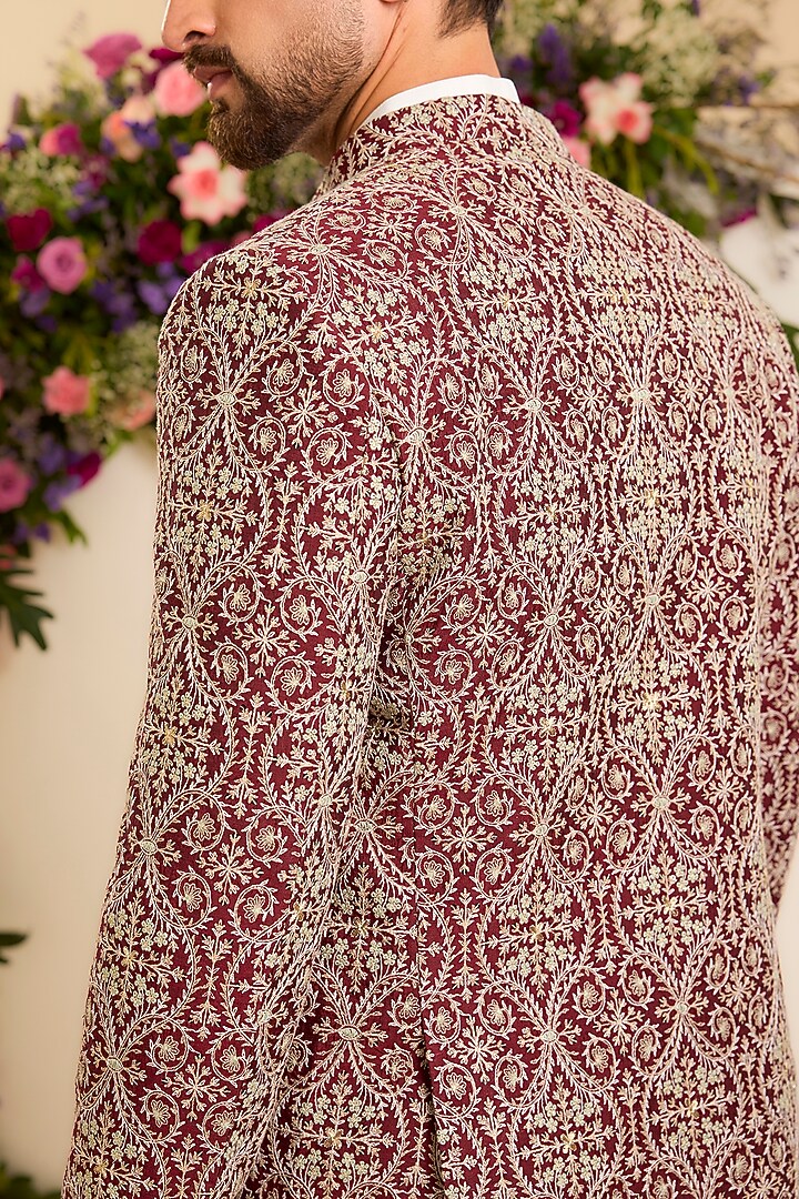 Deep Maroon Chanderi Sequins Embroidered Wedding Bandhgala by Kasbah Clothing at Pernia's Pop Up Shop