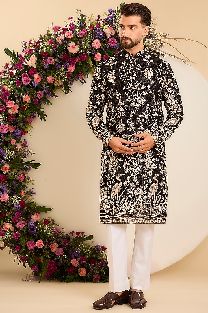Black Georgette Floral Embroidered Kurta by Kasbah Clothing at Pernia's Pop Up Shop