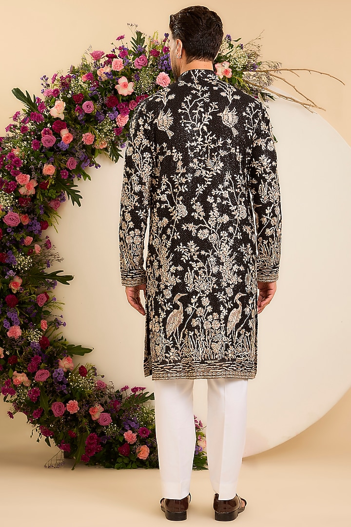 Black Georgette Floral Embroidered Kurta by Kasbah Clothing at Pernia's Pop Up Shop
