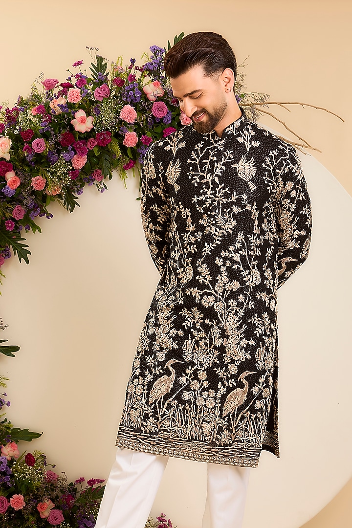 Black Georgette Floral Embroidered Kurta by Kasbah Clothing at Pernia's Pop Up Shop