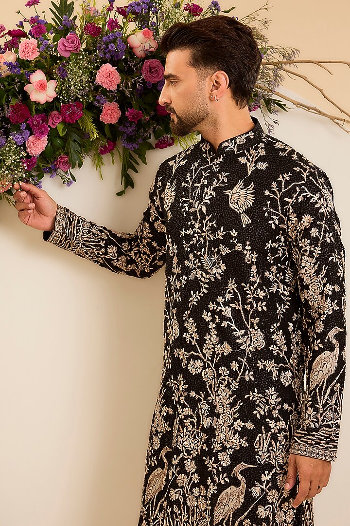 Black Georgette Floral Embroidered Kurta by Kasbah Clothing at Pernia's Pop Up Shop