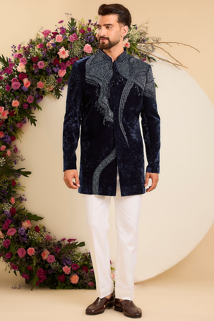 Midnight Blue Velvet Cutdana Embellished Wedding Sherwani by Kasbah Clothing at Pernia's Pop Up Shop