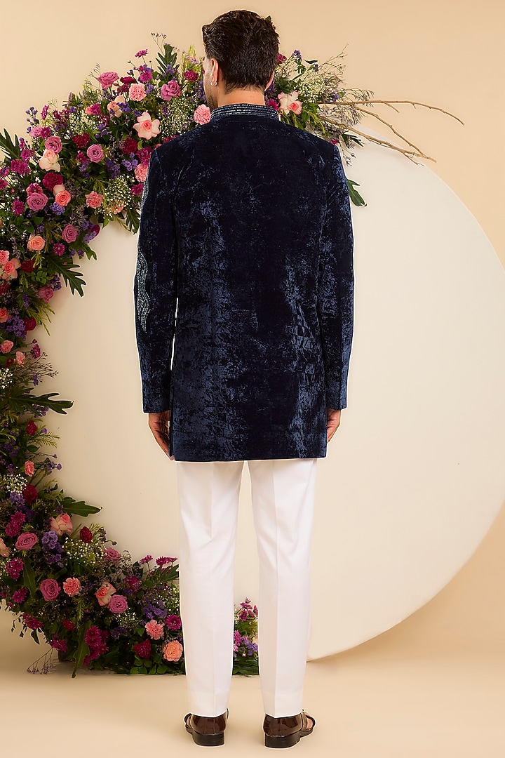 Midnight Blue Velvet Cutdana Embellished Wedding Sherwani by Kasbah Clothing at Pernia's Pop Up Shop