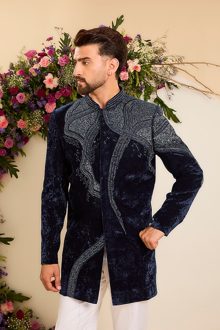 Midnight Blue Velvet Cutdana Embellished Wedding Sherwani by Kasbah Clothing at Pernia's Pop Up Shop
