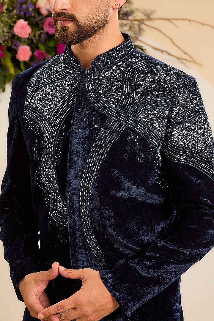 Midnight Blue Velvet Cutdana Embellished Wedding Sherwani by Kasbah Clothing at Pernia's Pop Up Shop