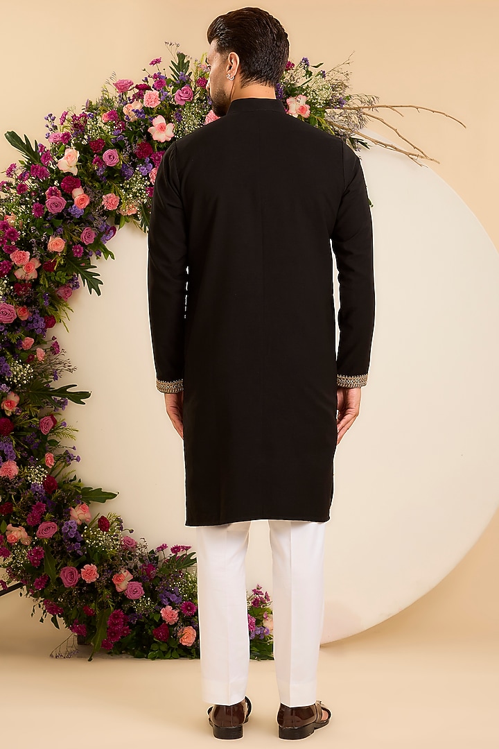 Black Japanese Thread Embroidered Kurta by Kasbah Clothing at Pernia's Pop Up Shop