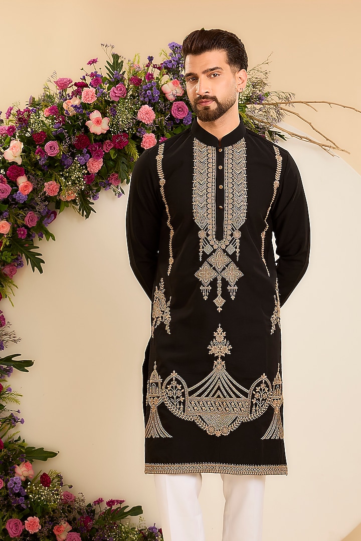 Black Japanese Thread Embroidered Kurta by Kasbah Clothing at Pernia's Pop Up Shop