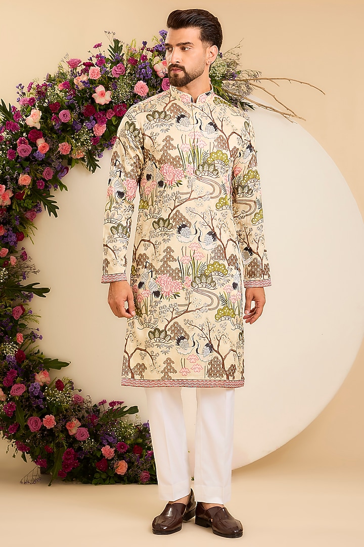 Cream Silk Floral Embroidered Kurta by Kasbah Clothing at Pernia's Pop Up Shop