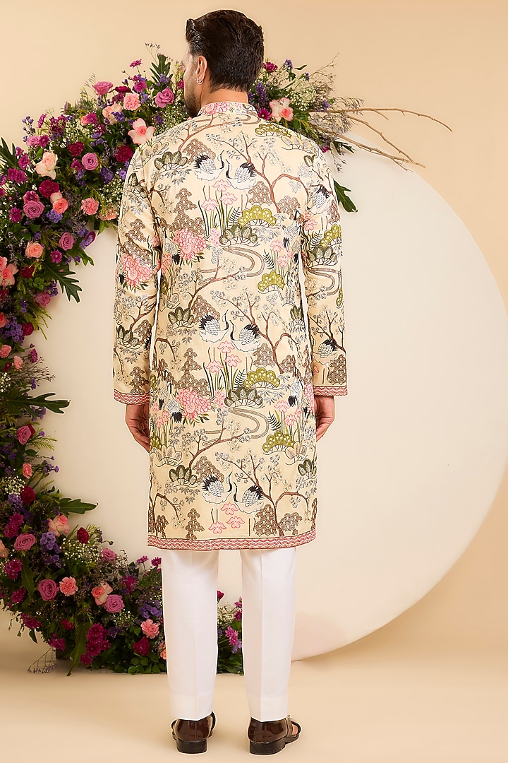 Cream Silk Floral Embroidered Kurta by Kasbah Clothing at Pernia's Pop Up Shop