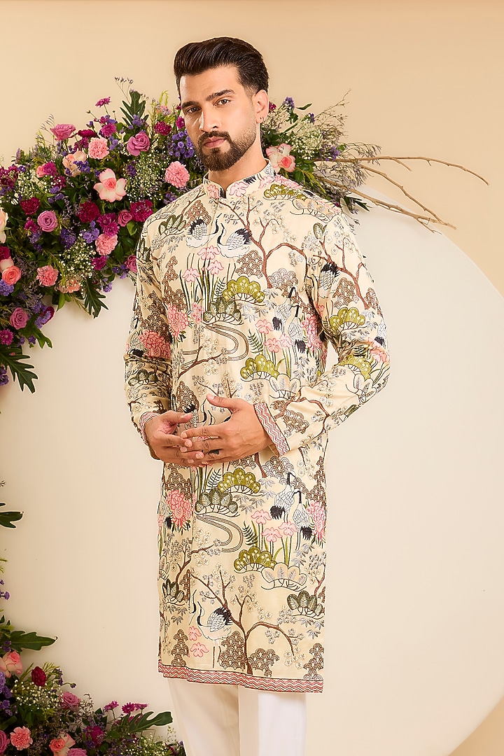 Cream Silk Floral Embroidered Kurta by Kasbah Clothing at Pernia's Pop Up Shop
