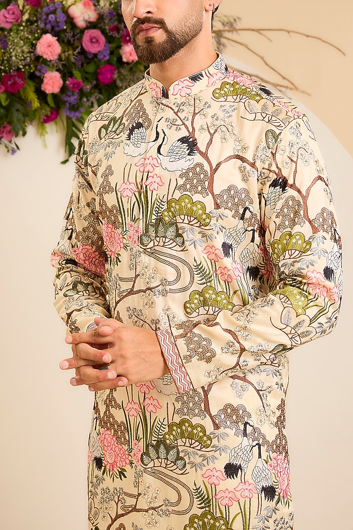 Cream Silk Floral Embroidered Kurta by Kasbah Clothing at Pernia's Pop Up Shop
