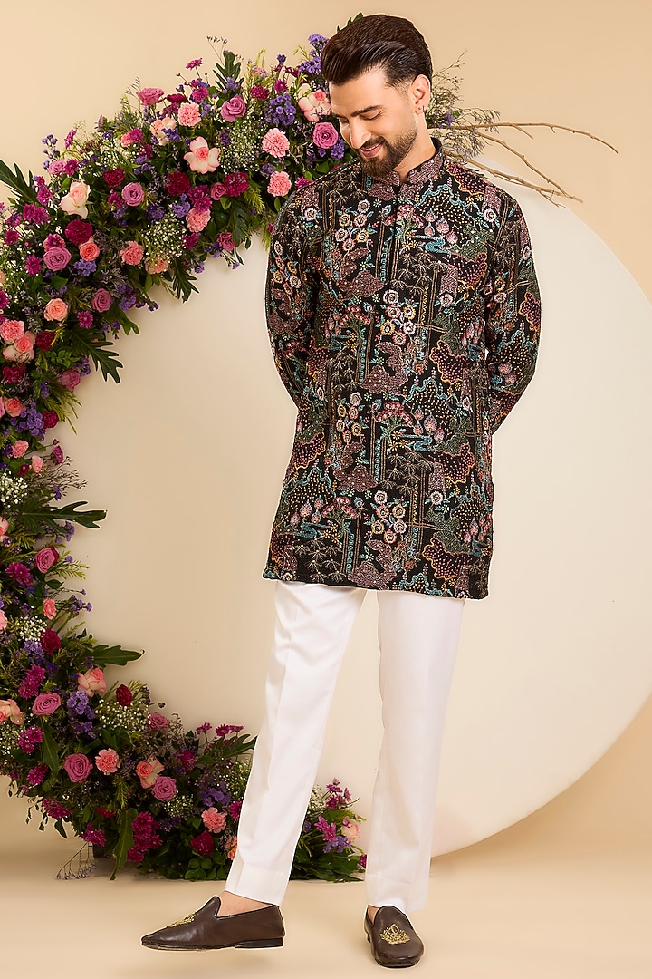 Black Jute Sequins Embroidered Kurta by Kasbah Clothing at Pernia's Pop Up Shop