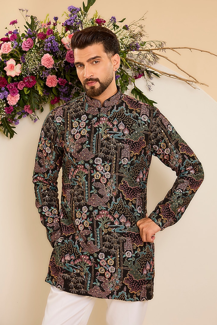 Black Jute Sequins Embroidered Kurta by Kasbah Clothing at Pernia's Pop Up Shop