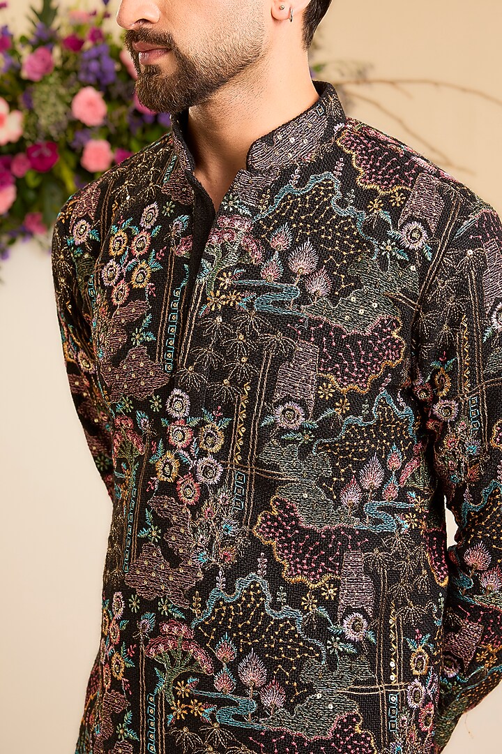 Black Jute Sequins Embroidered Kurta by Kasbah Clothing at Pernia's Pop Up Shop