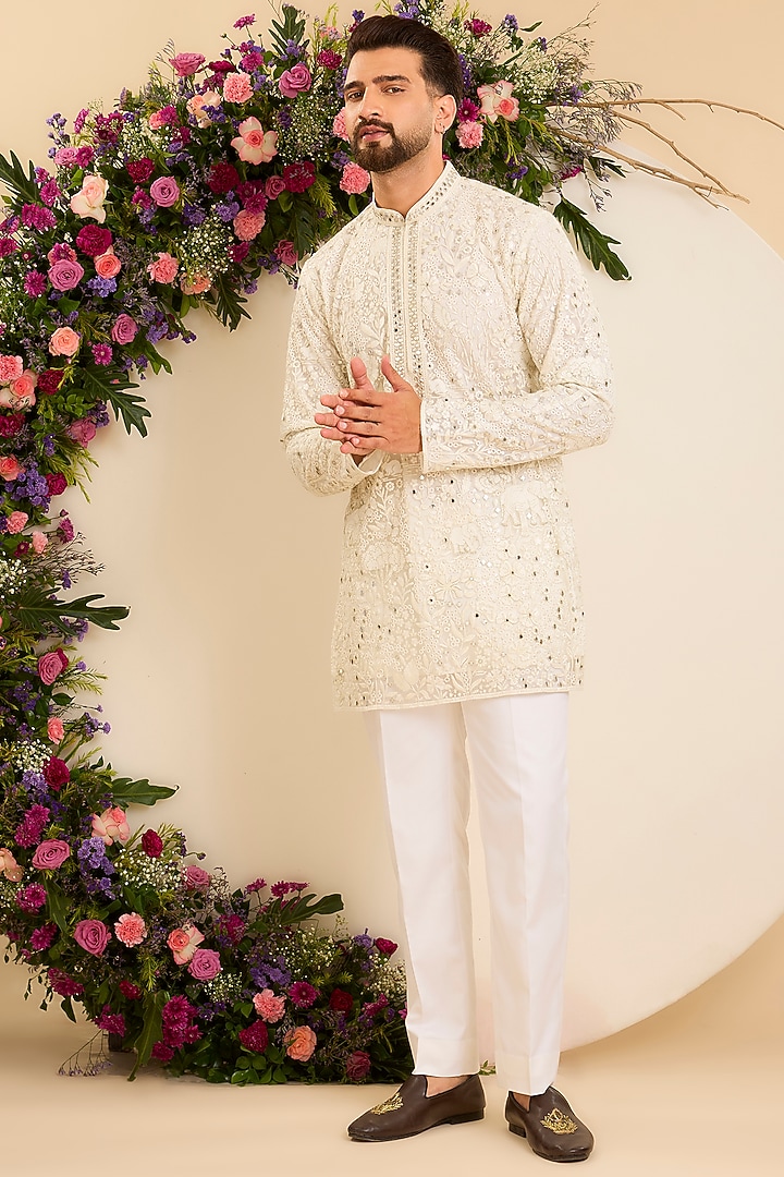 White Net Chikankari Embroidered Kurta by Kasbah Clothing at Pernia's Pop Up Shop