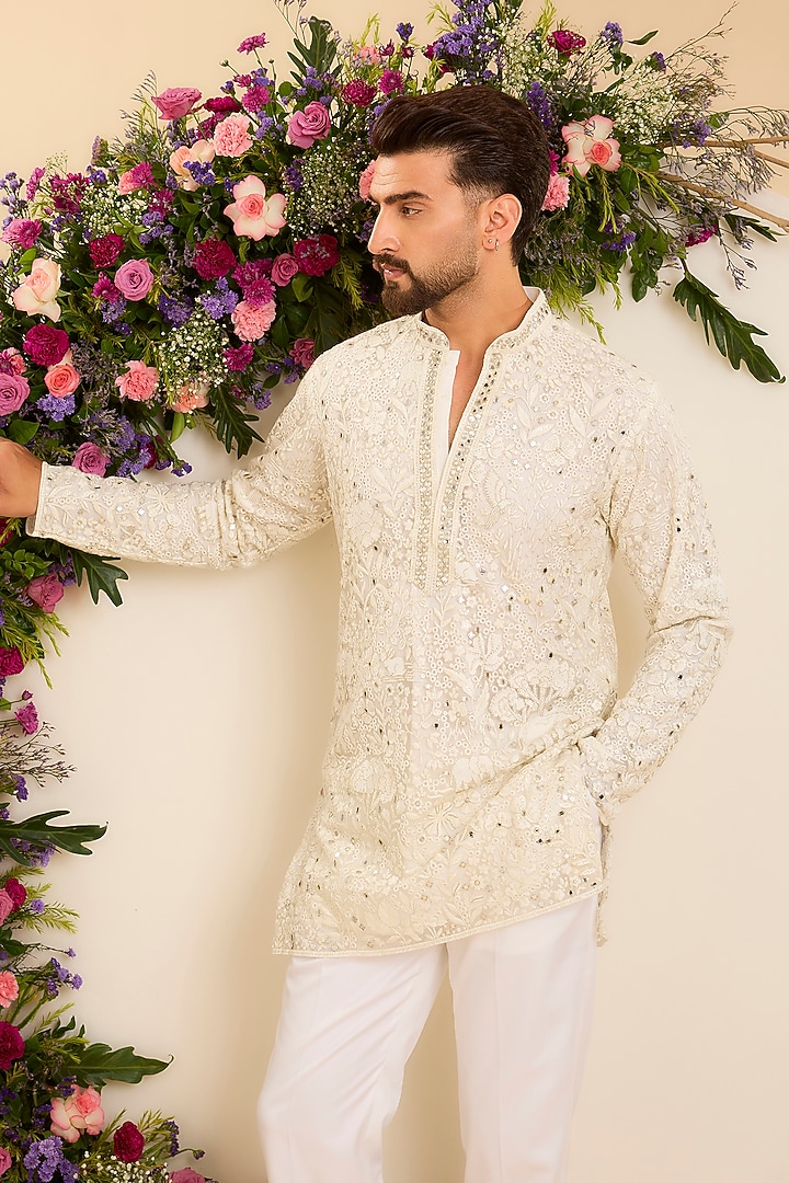 White Net Chikankari Embroidered Kurta by Kasbah Clothing at Pernia's Pop Up Shop