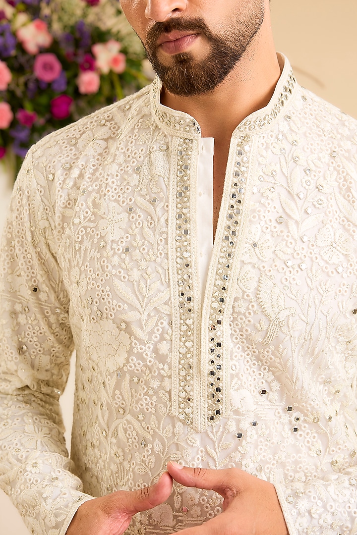 White Net Chikankari Embroidered Kurta by Kasbah Clothing at Pernia's Pop Up Shop