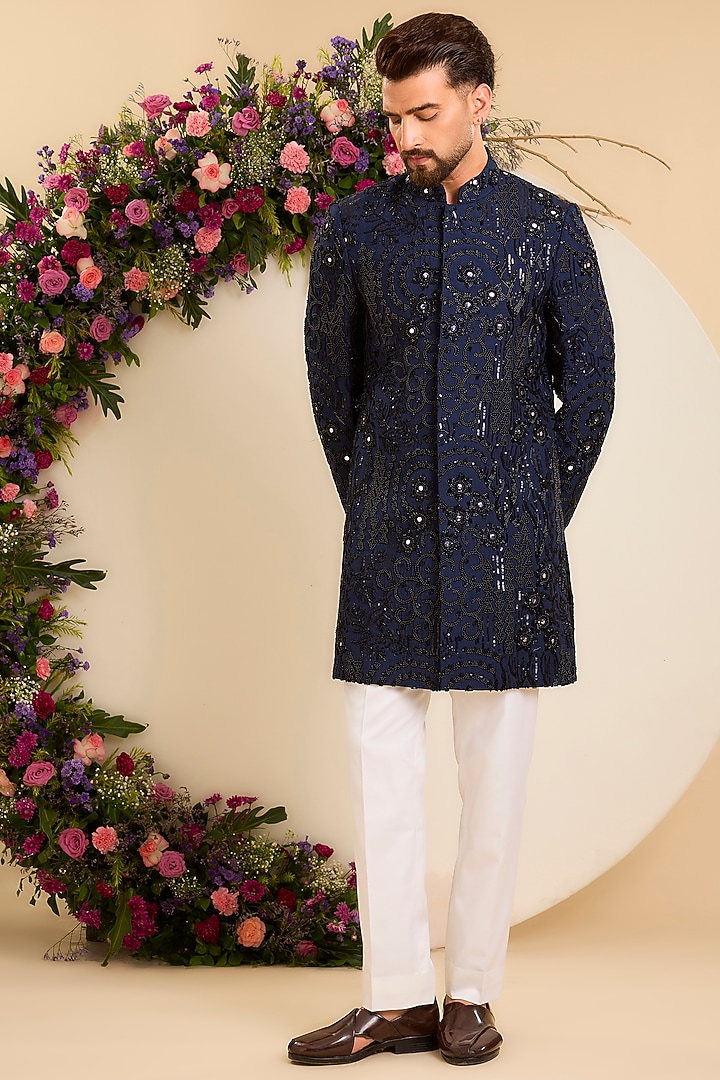Navy Blue Silk Mirror Work Kurta by Kasbah Clothing at Pernia's Pop Up Shop