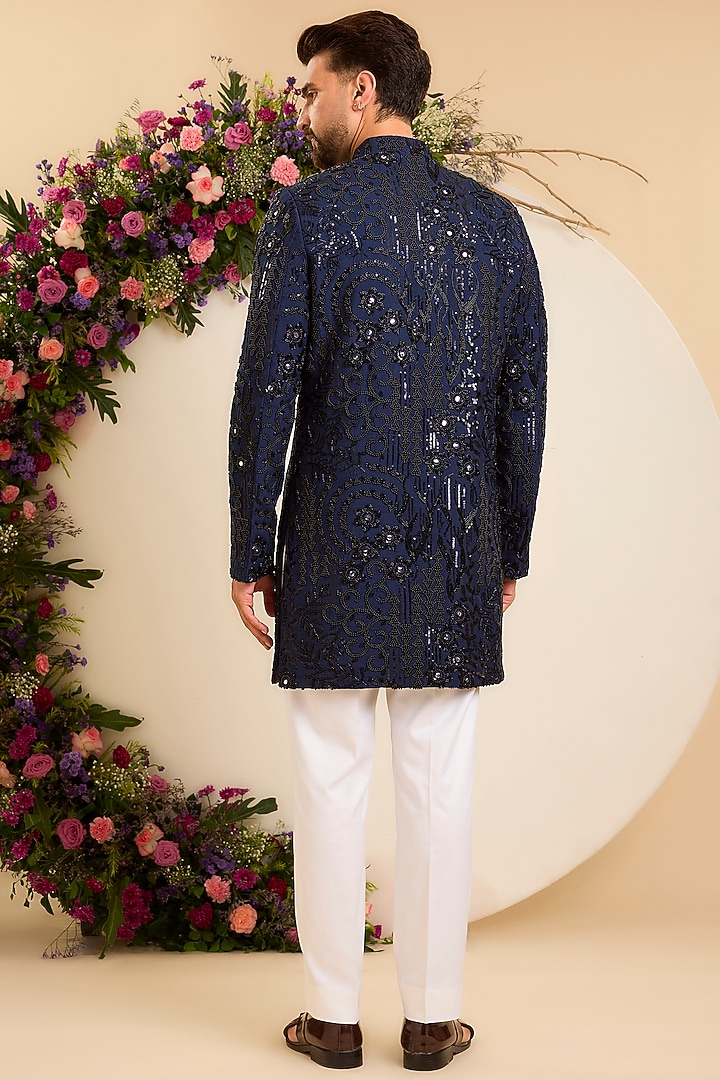 Navy Blue Silk Mirror Work Kurta by Kasbah Clothing at Pernia's Pop Up Shop