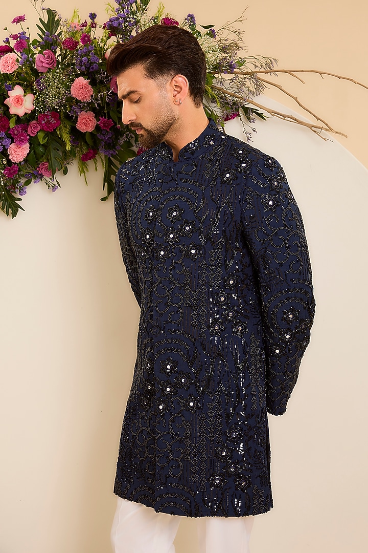 Navy Blue Silk Mirror Work Kurta by Kasbah Clothing at Pernia's Pop Up Shop