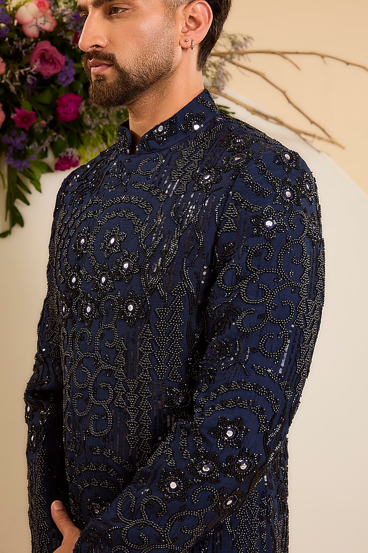 Navy Blue Silk Mirror Work Kurta by Kasbah Clothing at Pernia's Pop Up Shop