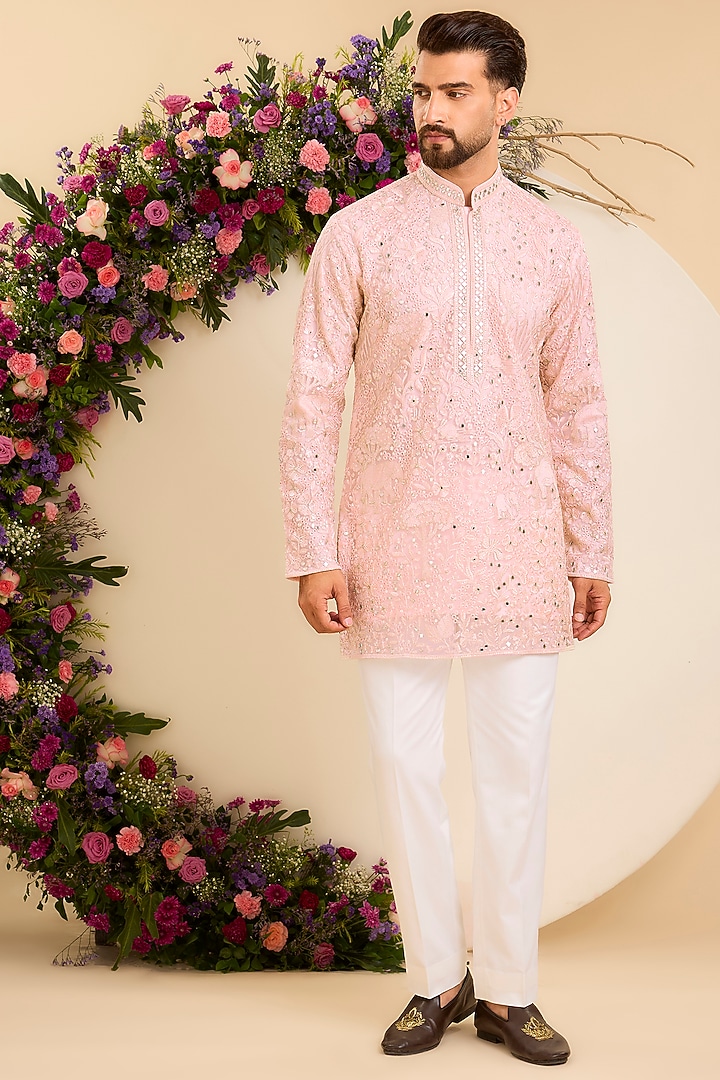 Pink Net Chikankari Embroidered Kurta by Kasbah Clothing at Pernia's Pop Up Shop