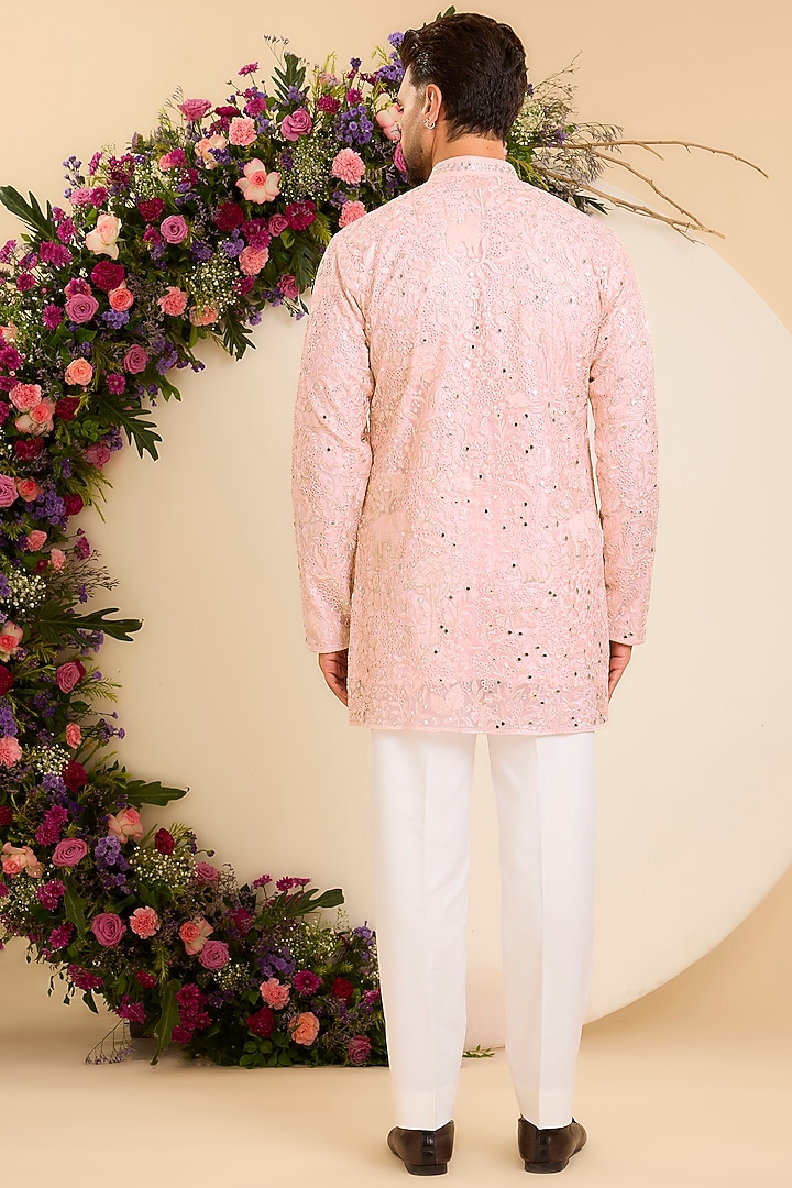 Pink Net Chikankari Embroidered Kurta by Kasbah Clothing at Pernia's Pop Up Shop