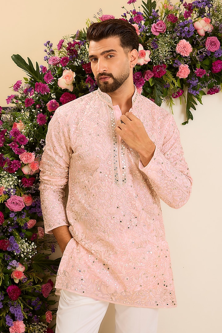 Pink Net Chikankari Embroidered Kurta by Kasbah Clothing at Pernia's Pop Up Shop