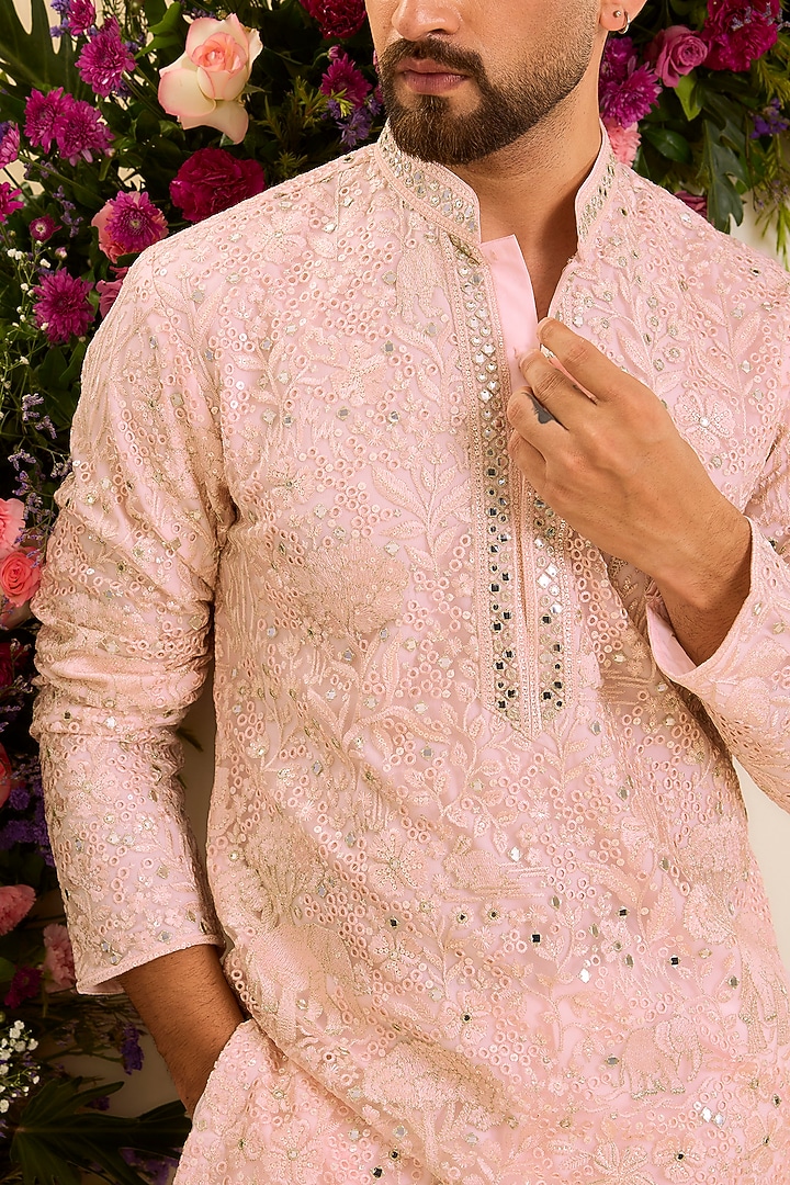 Pink Net Chikankari Embroidered Kurta by Kasbah Clothing at Pernia's Pop Up Shop