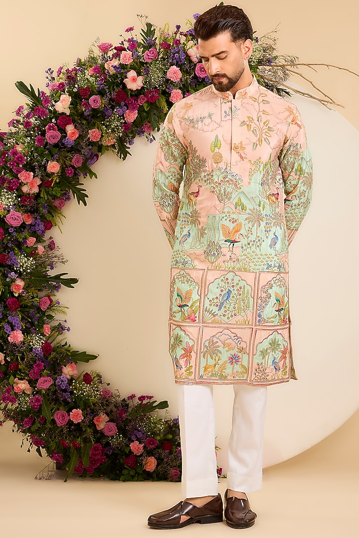 Pink & Green Crepe Zari Embroidered Kurta by Kasbah Clothing at Pernia's Pop Up Shop