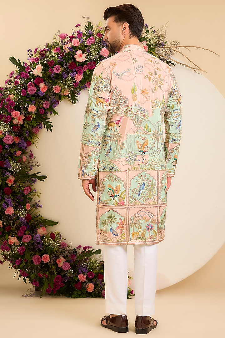 Pink & Green Crepe Zari Embroidered Kurta by Kasbah Clothing at Pernia's Pop Up Shop
